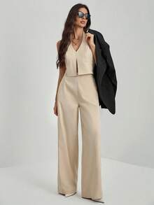 SHEIN Tall 办公室女士V领露背无袖上衣+阔腿裤，修身显瘦套装 - 卡其色 - 查看 7