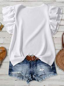 Mellowie Women's Solid Color Minimalist Casual Round Neck Blouse White Ruffle Top Summer Casual Tops - White - View 2