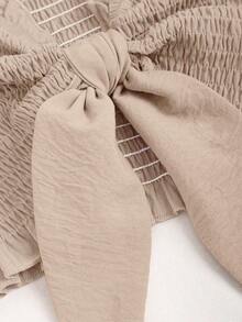 Sweetra 2pcs/Set Crop Top With Tie Knot & Ruffle Hem, Fashionable Summer Outfit - Brown - View 5