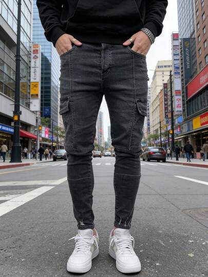 HIMLAND Men's Solid Color Casual Cargo Jeans, Versatile