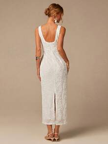 COSMINA Women's Jacquard V-Neck White Floral,Summer,Elegant,Wedding Guest Sleeveless Slit Embroidered Dress,Fashionable Date Party Wedding Season Outfit - White - View 5