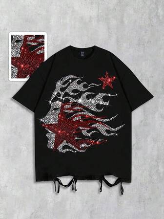 Street Life Camiseta de manga corta con cuello redondo, estampado de fuego con efecto desgastado y decoración de rhinestones, estilo de los 2000, para hombre, color negro