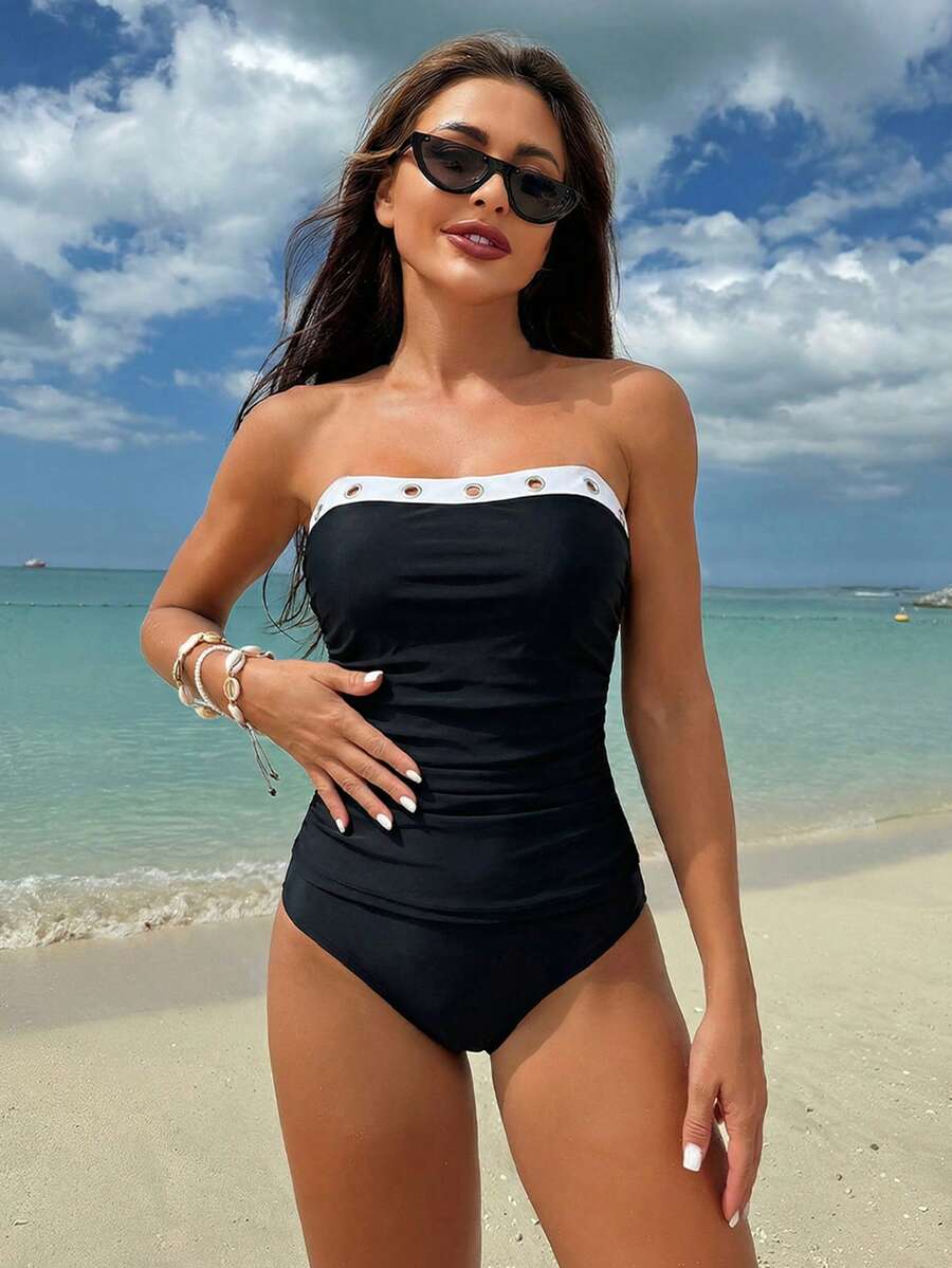 Swim Vcay 2026 New Spring/Summer Women 2pcs Bandeau Bikini Set, Beach Vacation Casual Swimwear - Black - View 1