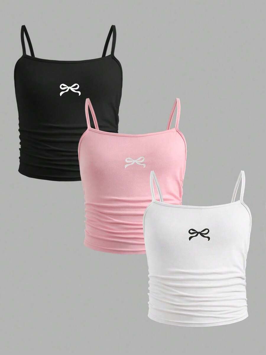 SHEIN 少女修身休闲简约舒适三件套吊带背心套装 - 彩色 - 查看 1