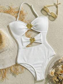 SHEIN Teen Girls Black 1pc Detachable Strap Hollow Starfish Accent Ruched One-Piece Swimsuit Summer,Beach - Apricot - View 3