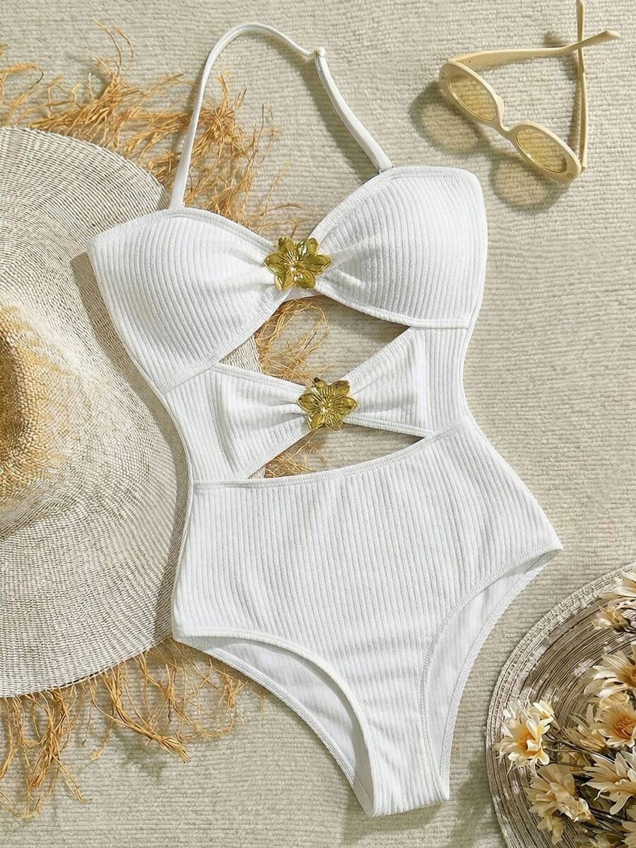 SHEIN 少女黑色连体可拆卸肩带镂空海星装饰褶皱连体泳衣 夏季沙滩 - 杏色 - 查看 1