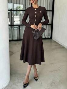 Lavishia Đầm dự tiệc thanh lịch dành cho nữ, cổ tròn, cài một hàng cúc, thắt eo. - Màu nâu  Mocha - Xem 7