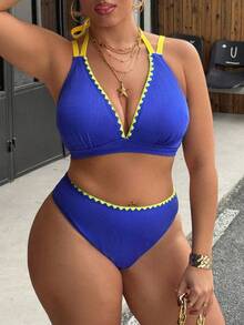 Swim Vcay 大码女式两件套纯色吊带露背性感沙滩度假比基尼泳装 - 藍色 - 查看 3