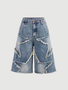 SHEIN Quần short denim dáng lửng in hình ngôi sao Y2K dành cho nữ tuổi teen, phong cách thường ngày năng động và thời trang, phù hợp đi học, dạo phố, mùa xuân hè. - Rửa nhẹ - Xem 5