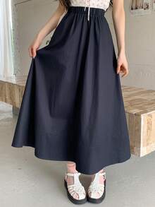 DAZY 女士纯色弹力腰休闲度假中长裙，夏季 - 藏蓝色 - 查看 6