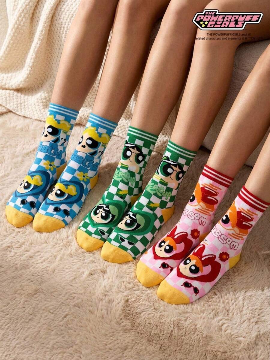 THE POWERPUFF GIRLS X Joivida 3 Pairs Of Fashionable Cartoon Socks, Sweat Absorbing And Breathable Casual Socks - Multicolor - View 1