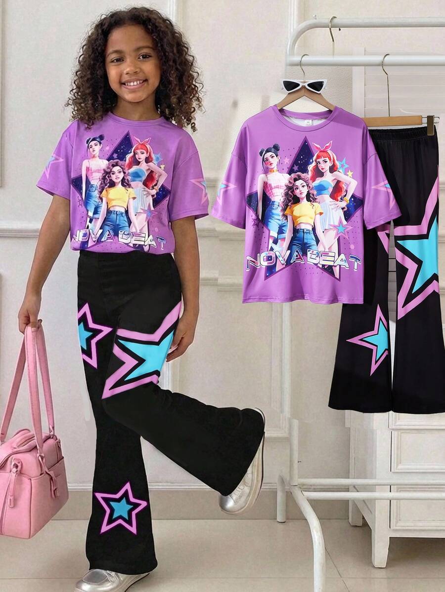 SHEIN 2件套少女KPOP女团印花宽松T恤+针织喇叭裤，休闲时尚百搭，适合派对、郊游、与朋友拍照、公园、露营、度假、日常休闲穿着 - 黑色 - 查看 1