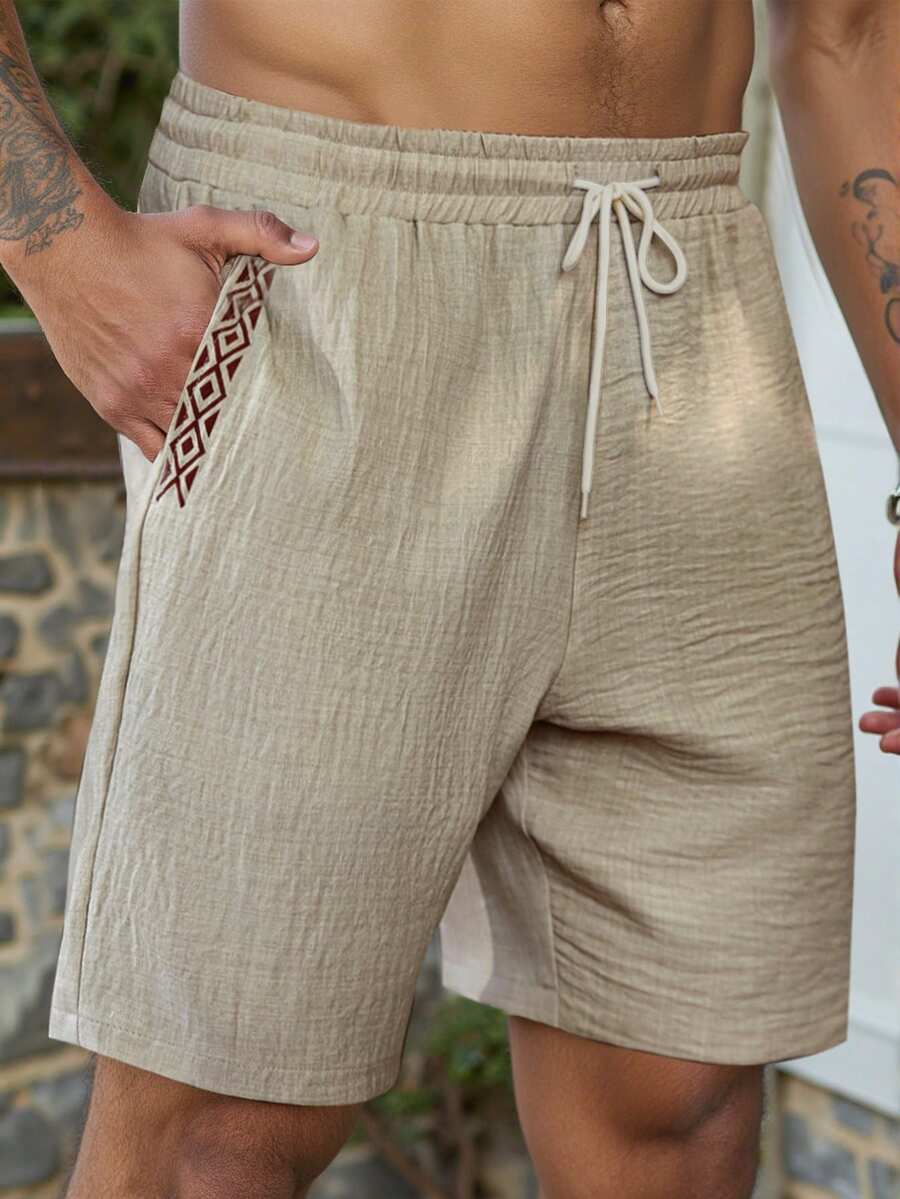 Manfinity RSRT Men's Drawstring Waist Pocket Geometric Print Casual Versatile Daily Wear Shorts - Khaki - View 1