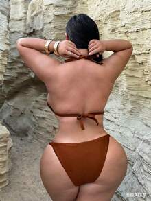 Swim SXY 大码女士露背闪亮纯色螺旋装饰吊带泳衣套装