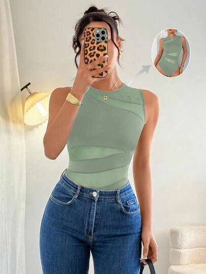 Rafferiza 优雅性感时尚黑色圆领无袖修身不对称几何网纱拼接针织连体衣，女士春夏款