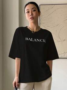 DAZY Letter Print Drop Shoulder Tee Summer Preppy Tops - Black - View 3