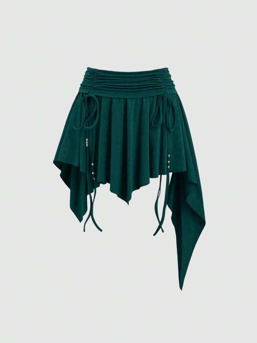 Sweetra Petite Bohemian Style Ruched Waist Asymmetrical Hem Brown Short Skirt, Suitable For Petite, Spring/Summer - Dark Green - View 1