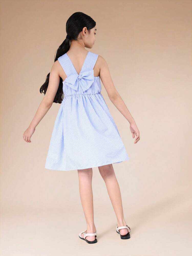 Sleeveless Gingham A-Line Dress With Bow Back