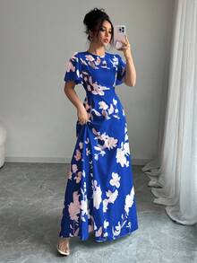 Elenzga Ruffle Sleeve Round Neck Waist Cinched Digital Print Elegant Romantic Women Dress - Royal Blue - View 4