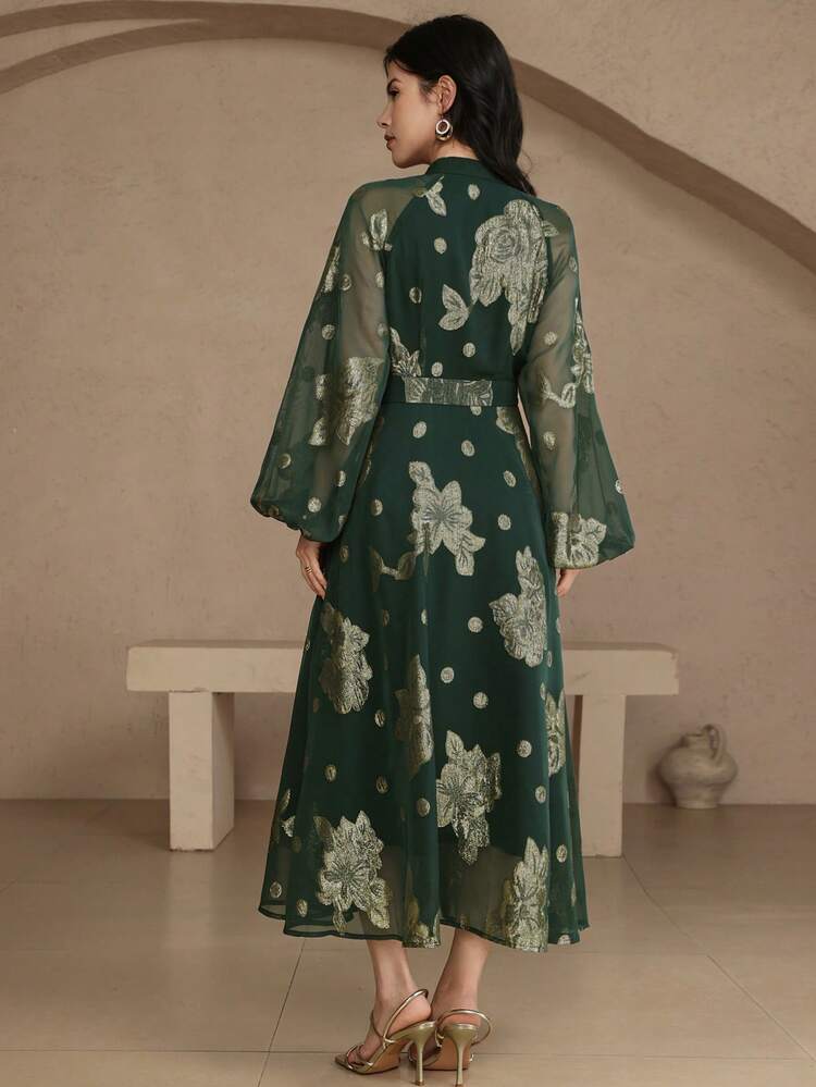 Women's Elegant Colorblock Floral Print Stand Collar Puff Sleeve Mid-Length Dress, Spring/Summer Wedding Guest Dress Sundress