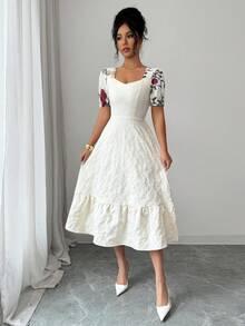 Selianne Women's Floral Embroidery Patchwork Puff Sleeve Ruffle Hem Elegant Dress - Multicolor - View 5