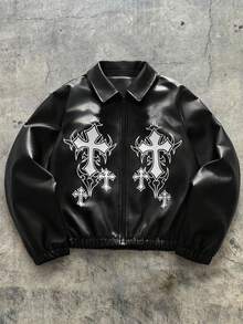 AXEPEAK Men's Casual Fashion Street Cross Print Zip-Up Jacket, Autumn - Black - View 6