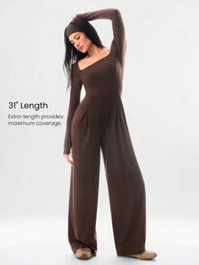 GLOWMODE FeatherFit™-Air Sunproof Work And Flow Square Neck Open U-Back Wide Leg Long Sleeve Bodysuit With Thumbholes Daily Casual Wear Removable Cups - Brown - View 5