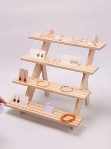 1pc Wooden Multi-Tier Jewelry Display Stand, Earrings Rings Necklace Organizer Holder For Live Stream, Display, Storage, Small Items Collection - Beige - View 7