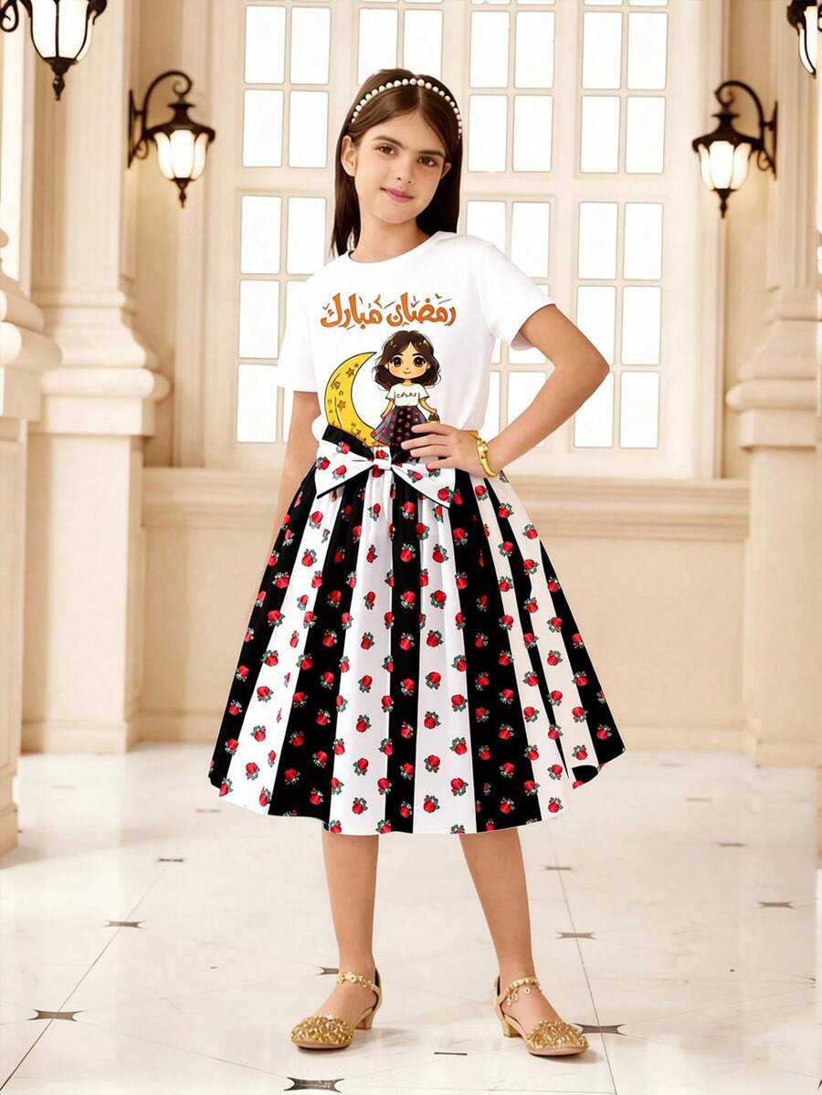 Tween Girl Letter & Cartoon Print Short Sleeve Top And Skirt Set, Suitable For School, Outings, Family Gatherings And More - Black and White - View 1