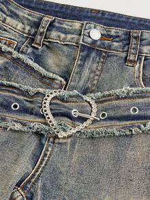 SHEIN Girlism Tween Girls Y2K Retro Washed High Waist Washed Heart Buckle Belt Flare Leg Jeans,For Girls Streetwear And Valentine Day Outfits - Blue - View 3