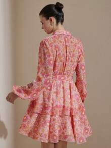 BELROSIE New Arrival Sweet & Cute Ditsy Floral Layered V-Neck Long Sleeve Dress - Multicolor - View 2
