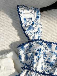 GlowEve Women's Casual Shirt With Ruffle Floral Print And Flutter Sleeves - Blue and White - View 3