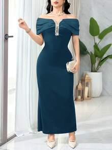 Feyla Women's Rhinestone Decor Ruched Off Shoulder Fitted Elegant Dress - Lake Blue - View 5