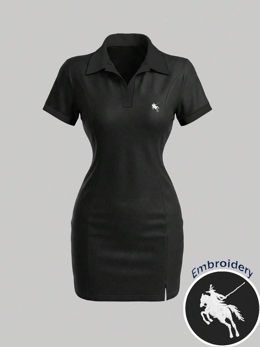 INAWLY Elegant Embroidered Casual Polo Collar Fitted T-Shirt Dress - Black - View 1