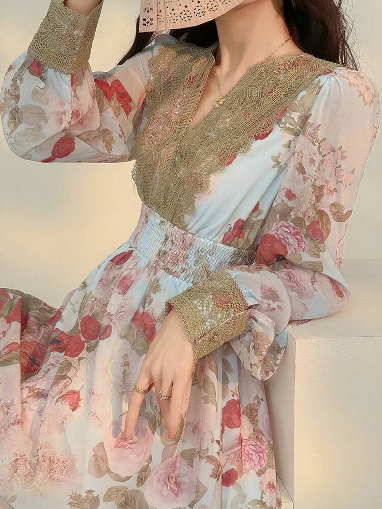 Women's Elegant Floral Lace Patchwork Midi Dress, Spring/Summer Wedding Guest Dress Sundress Boho
