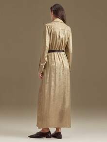 Ontre Trang phục Thu/Đông 2025, phù hợp với nhiệt độ 5-15°C, màu vàng thanh lịch, chất liệu vải phủ ngọc trai, dáng rộng, đầm dài nữ, thích hợp cho các buổi gặp gỡ hàng ngày, công sở thường ngày, đi làm, mặc hàng ngày. - Vàng - Xem 3