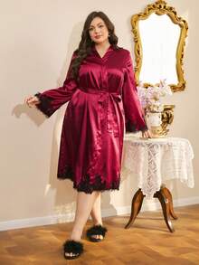 Côtesoire Bata de satén con parches de encaje francés romántico y elegante para el Día de San Valentín, talla grande para mujeres - Burdeos - Ver 4