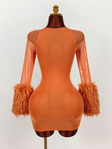 Amplova Đầm ngắn màu đỏ rượu vang phối lông, lưới, kiểu đan chéo ngực dành cho nữ, thích hợp dự tiệc. - trái cam - Xem 2