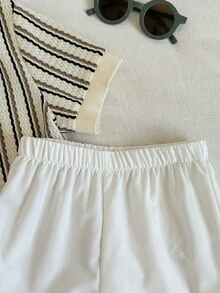 2 pezzi/set Completo casual per ragazzo giovane composto da polo a maniche corte a righe color albicocca e pantaloncini bianchi, adatto per feste di compleanno, rave, feste serali, performance, matrimoni - Multicolore - Visualizzare 4