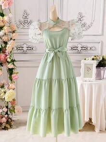 SHEIN Explorewe Vestido casual de manga abullonada, cuello alto de malla bordada, parche y textura sólida para niñas adolescentes, adecuado para uso diario, viajes, ocio, vacaciones, reuniones y fiestas - Verde - Ver 3