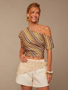 COSMINA Women's Asymmetric-Shoulder Short Sleeve Top,Khaki Summer Boho Vacation Holiday Style,Multi-Color Unique Beach,Summer Vacation - Multicolor - View 6