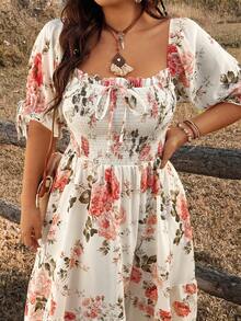 Ceyna Chic Plus Size Boho Long Dress Multicolor Random Floral Print Square Neck Half Puff Sleeve Flounce Hem - Multicolor - View 5