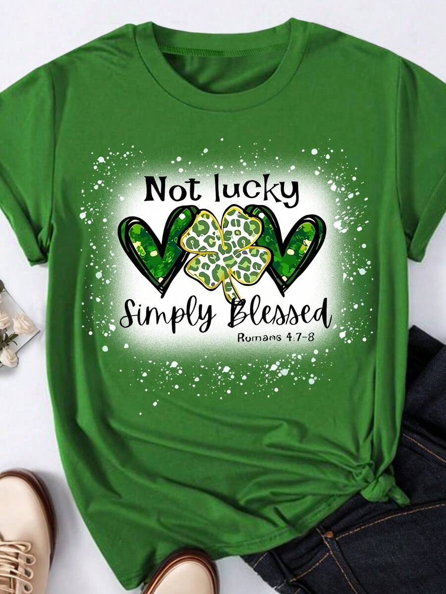 EMERY ROSE Áo thun tay ngắn cổ tròn cỡ lớn in hình trái tim và cỏ ba lá, kiểu dáng thường ngày. - Màu xanh lá cây đậm - Xem 1