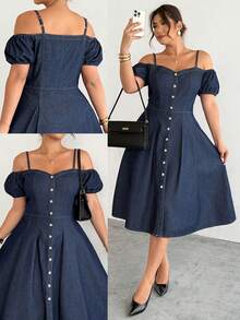 Firerie Plus Size Women's Off-Shoulder Button Design Fashionable Denim Dress,Valentine's Day,Summer,Carnival,Beach,Party,Elegant Party Dress,Going Out - Blue - View 1