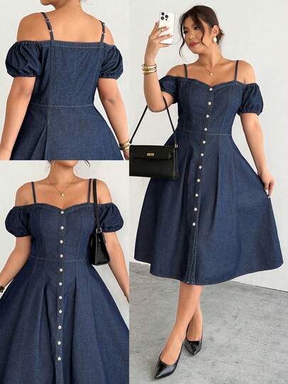 Firerie Plus Size Women's Off-Shoulder Button Design Fashionable Denim Dress,Valentine's Day,Summer,Carnival,Beach,Party,Elegant Party Dress,Going Out