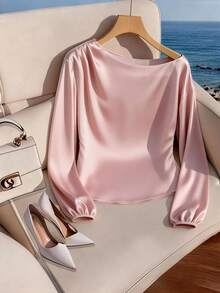 GlowEve CURVE 大码缎面面料不对称肩部褶裥长袖修身衬衫，优雅适合外出、通勤、约会、聚会、下午茶和晚间活动。 - 粉色 - 查看 1