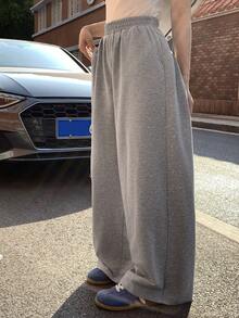 FRIFUL 女士纯色弹力腰直筒运动裤，宽松休闲百搭春季裤 - 灰色 - 查看 11