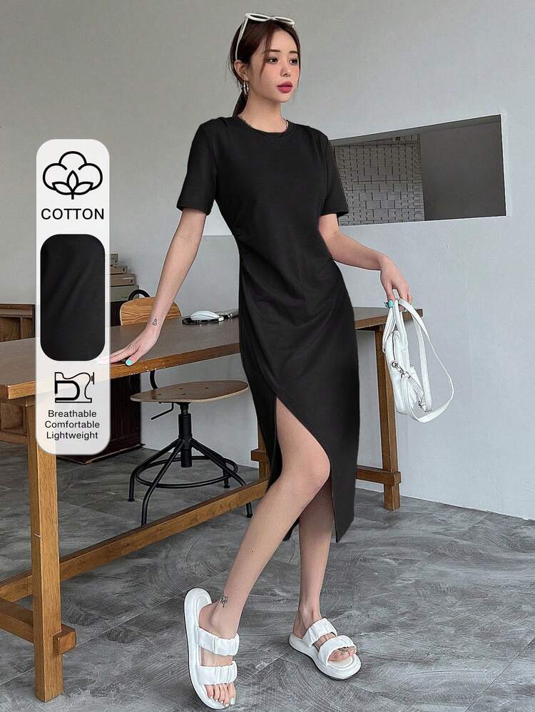 Solid Color Pleated Slit Short Sleeve Dress Summer Sundress,Casual Women Dresses