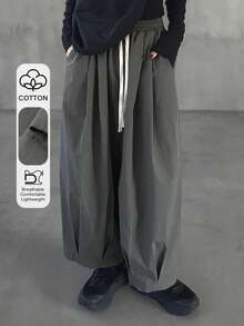 女士纯色深灰色褶裥阔腿裤，松紧腰带配撞色抽绳，宽松休闲百搭长裤 - 深灰色 - 查看 3