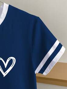 Resyla Women's Casual Heart Print Short Sleeve Ringer Tee, Suitable For Daily Commute In Summer - Navy Blue - View 5